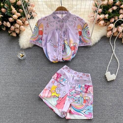 Celebrity Runway Summer Autumn Stars Barocques Florla Two Piece Suits Womens Tops Shirts + Wide Leg Pants Shorts Sets