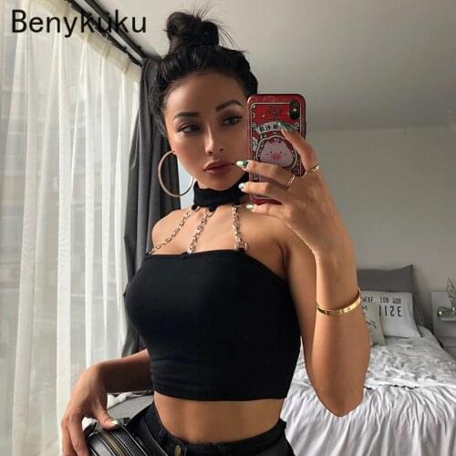 Women Sexy Backless Tube Crop Tops Black Halter Gothic Punk Cosplay Skinny Slim Tank Tops Iron Chain Hollow Out Club Party Top
