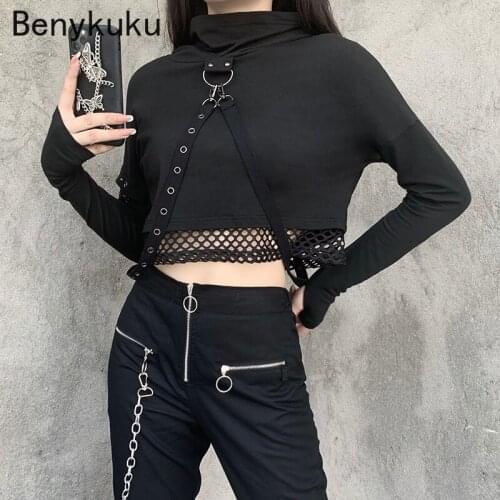 Harajuku Streetwear Punk Mesh Patchwork Black Hooded Autumn Women Gothic Pullovers Long Sleeve Tops Buckle Bandage Slim Hoodies