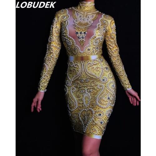 Prom Party Women Sexy Skinny Dress Sparkly Gold Rhinestones Long Sleeve Short Dress Nightclub Singer Concert Show Stage Costume