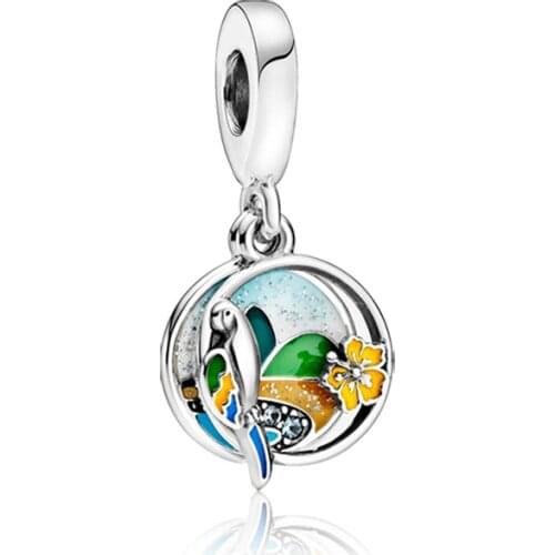 5PCS Silver Plated Enamel Brazilian Beach With Parrot Charm Pendants Fit Original Bracelets Necklaces Women DIY Jewelry Making