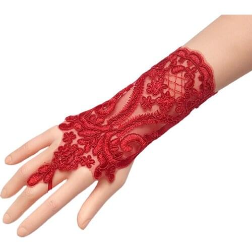 Black White Red Fingerless Lace Gloves Wrist Length Bridal Wedding Gloves For Women Girls Guantes Wedding Accessories 2021