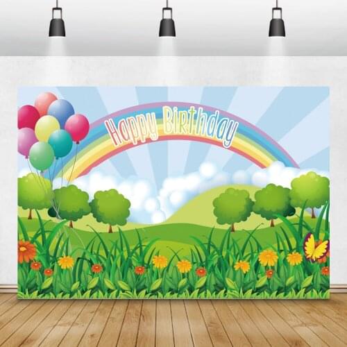 Baby Cartoon Rainbow Happy Birthday Balloons Grassland Baby Shower Customized Photo Backdrops Photo Backgrounds For Photo Studio