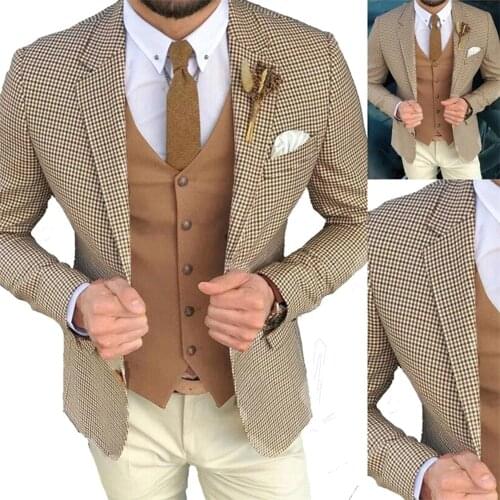 Elegant Pliad Check Formal Wedding Suits Blazers Custom Made Tuxedo 3 Pieces Peake Jacket&Vest&Pants Slim Fit Houndstooth Coat