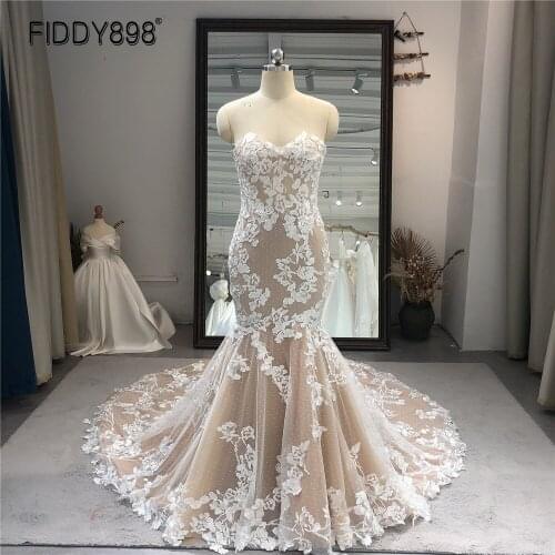 FIDDY898 Elegant Champagne Lace Mermaid Wedding Dresses for Women 2021 Plus Size Boho Bridal Dress robe mariage femme