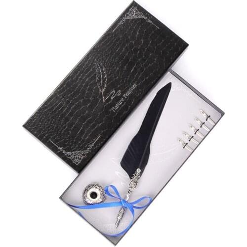 European Color Long Feather Pen Long Birthday Gift Box Retro Writing Metal Pen Student Teacher Stationery Set Gift Box Packaging