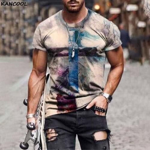 Mens T-shirt Vintage Short Sleeve T Shirts 2021 Summer New Fashion Harajuku Cross Printed O Collared Tshirts For Men Koszulka