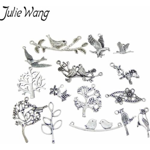 Julie Wang 15PCS Mixed Bird Tree Branch Flowers Charms Alloy Vintage Antique Silver Color Pendant Jewelry Making Accessory
