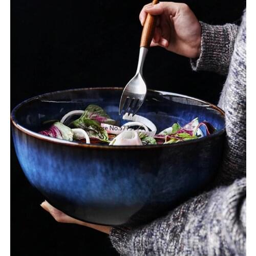 2400ml Super Large Salad Bowl Ceramic Blue Porcelain Dripping Bowl Tableware Deep Bowl Deep Blue Large Capacity Bowl