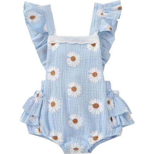 Newborn Toddler Daisy Pattern Romper Baby Girls Clothes Summer Ruffle Sleeve Square Collar Playsuit Childrens Clothing Sets