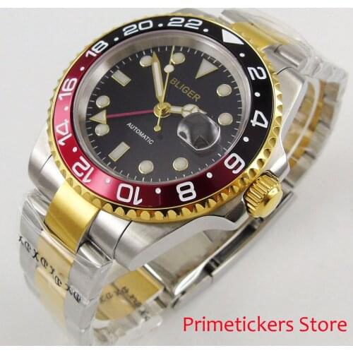 Red black bezel 40mm black dial golden plated mental strap sapphire glass GMT date automatic mens watch