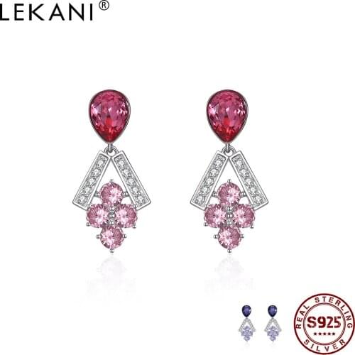 LEKANI Earrings For Women S925 Sterling Silver Drop Earrings Round Grape Beads Austria Crystal Classic 2 Color Fine Jewelry