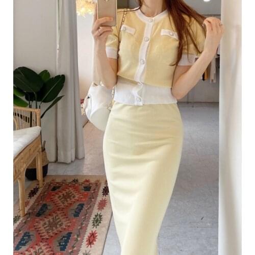 Summer 2 Piece Set Women Temperament Hit Color Single-Breasted Puff Short Sleeve Knitted Cardigan + High waist Midi Skirt Suit