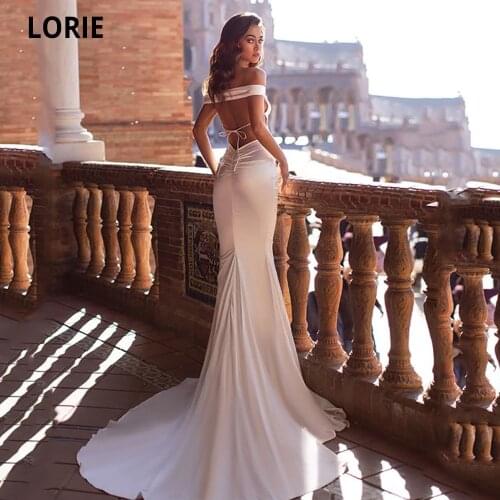 LORIE Sexy Backless Mermaid Wedding Dresses Soft Satin Off the Shoulder Bridal Wedding Party Gowns Court Sweep Princess Dresses