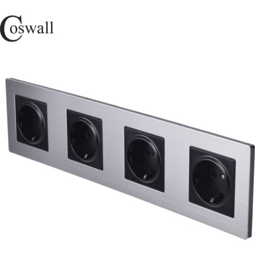 COSWALL Stainless Steel Panel 4 Gang Wall Socket 16A EU Russia Spain Electrical Outlet Silver Black Color Child Protective Door