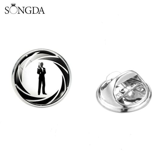 New Fashion James Bond 007 Badges Classic Black & White 007 Logo Glass Round Lapel Pins 57th Anniversary Series Brooches