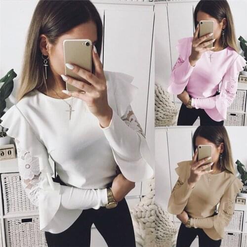 2018 New Fashion Ruffle Lace Splice Office Ladies Blouse Spring Woman Blouse Long Sleeve Shirt Tops Tee Shirts