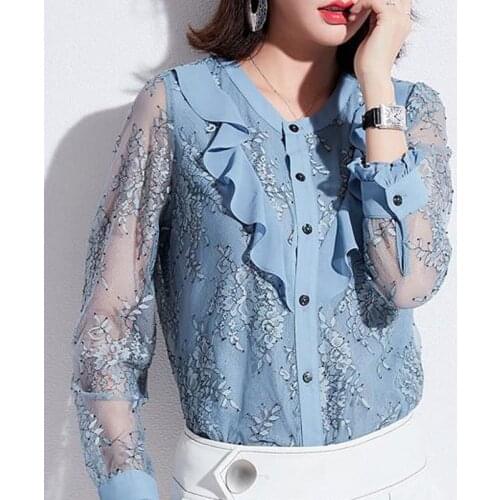 Spring fall 2019 new sweet ladies woman blue printed long sleeve ruffles blouse shirt , floral cardigan blouses shirts for woman