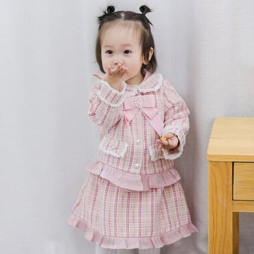 Autumn Baby Girls Fashionable Clothing 2 Piece Set Bow Tie Lace Pearl Outwear+Ruffles Skirts Infant Kids Woolen Outfit 12M-4T