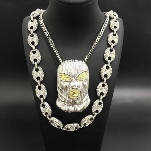Hip Hop Men Gold Silver Color Full Coffee Beans Necklace Ice Out Crystal Miami Cuban Black Masked Man Necklace Pendant Hip Hop
