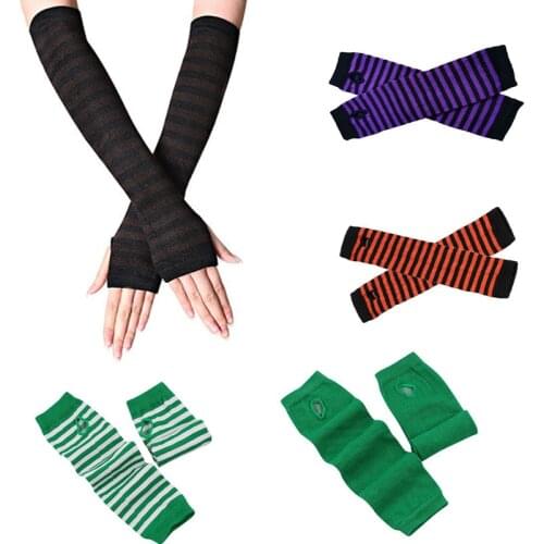 QCOOLJLY Winter Fashion Striped Women Sleeves Wrist Hand Cover Knitted Long Fingerless Gloves Driving Cartoon Arm Warmers