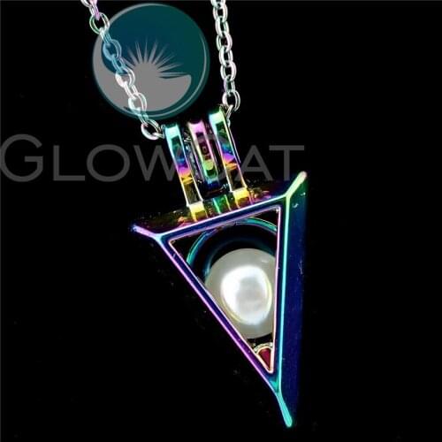 R-C838 Rainbow Colors Triangle Beads Cage Pendant Essential Oil Diffuser Oyster Pearl Cage Locket Necklace