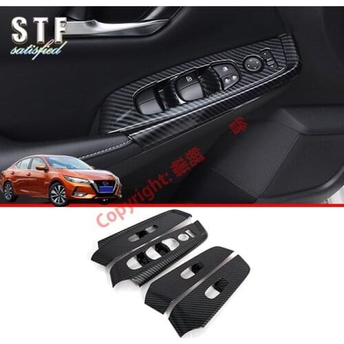 Carbon Fiber Style Interior Door Window Armrest Cover Buttons Switch Panel Trim Molding Garnish For Nissan Sylphy MK14 2019 2020