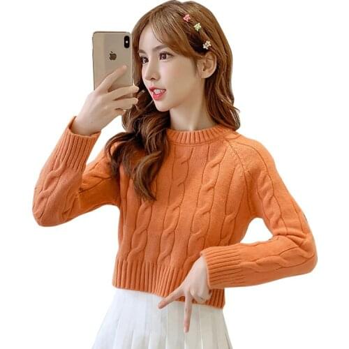Spring Autumn Knitted Sweater Womens Sweaters Pullover Short Round Neck Orange Green Long Sleeve Casual Jacket Female Tops 2020