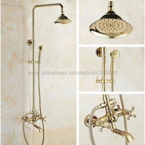 Solid Brass Double Handles Bathroom Mixer Tap Tub Swivel Spout Hand Shower Shower Faucet Gold Polished Kgf387