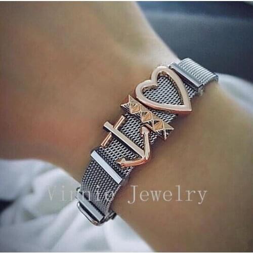Vinnie Design Jewelry Stainless Steel Silver Color Mesh Keeper Bracelet with DIY Rose Gold Slide Charms