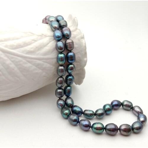 YYGEM 9*12mm natural Freshwater cultured Black Rice Pearl Long Necklace cz pave clasp For office Style Women Party gift