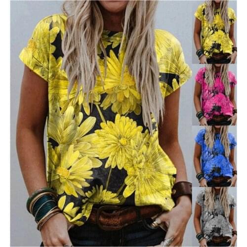 Plus size Women 2021 New Summer Boho Flower Print Tops Short Sleeve Elasticity Female T-Shirt Casual Ladies Tees Shirt