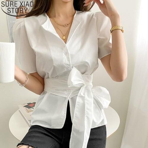 Office Lady Button Up blouse Women Cotton White Shirt Korean Chic Summer Temperament O-neck Lace Up Puff Sleeve Top Shirts 14840