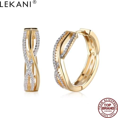 LEKANI Round Hollow Line Shape Hoop Earrings For Women Champagne Gold Earring Anniversary White Cubic Zirconia Fashion Jewelry
