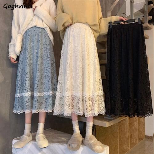 Women Skirts Lace High Elastic Waist Slim Fit Loose A-line Elegant Office Lady Sweet All-match Basic Mid-calf Party Date Trendy