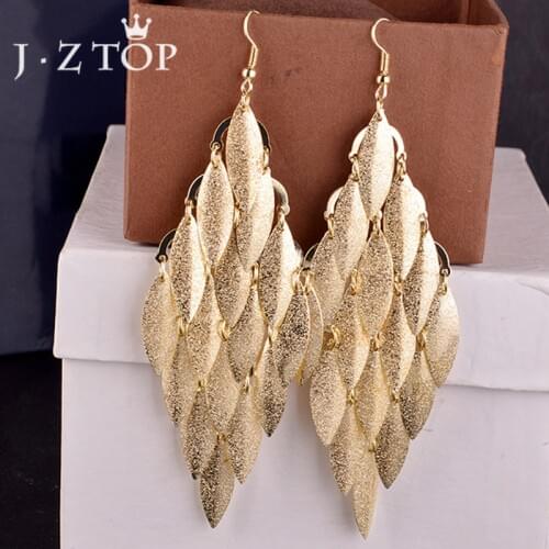 Jztop Luxury Multi Layer Frosted Leaf Tassel Dangle Earrings Woman Retro Sequin Gold/Silver Color Long Drop Earring Punk Jewelry