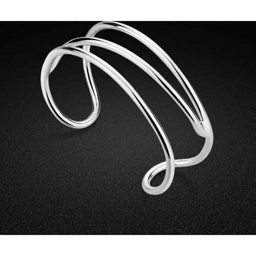 Bohemian style womens 925 sterling silver bracelet minimalist line design glossy open Bangle free adjustment charm jewelry