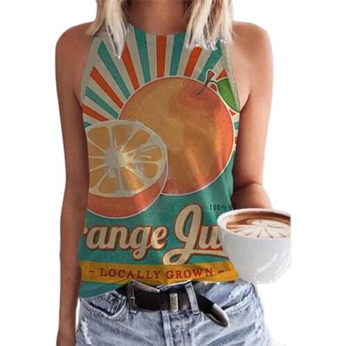 2021 Women Summer Vest Fruit Print Skin-friendly O Neck Sleeveless Slim Vest Tee Shirt Camisole Breathable to wear for Dating