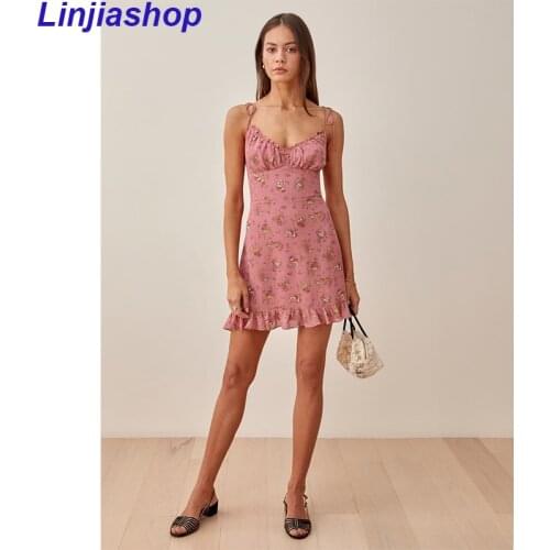 Spaghetti Strap Sexy Dress Women Sweet Ruffle Floral Print Dress Female Backless Sleeveless V Neck A-line Summer Chiffon Dress