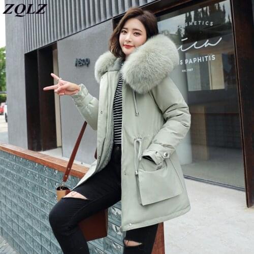 ZQLZ Winter Jacket Women 2021 Ladies Velvet Liner Thick Hooded Parka Women Slim With Big Fur Collar Outerwear Coat Parkas Female