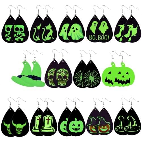 100 Pairs Halloween PU Leather Earrings Luminous Eardrop Earrings with Skull Ghost Pattern Halloween Cosplay Party Jewelry Gift