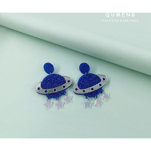 2021 New Original Design Lovely Blue Planet Space UFO Stars Acrylic Pendant Earrings Women Creative Fashion Cute Jewelry Gifts