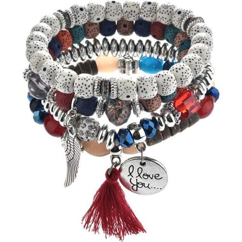 4pcs/set Fashion Multilayer Crystal Beads Carved Love Feather Tassel Bracelets&Bangle Mujer Bijoux for Women Gift Charm Pulseras