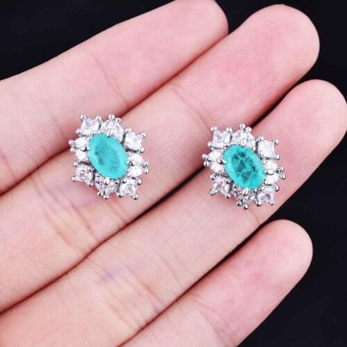 925 Silver Color Oval Stud Earrings Paraiba Zircon Fashion Charm Jewelry For Women Anniverasry Engagement Wedding Party Gift