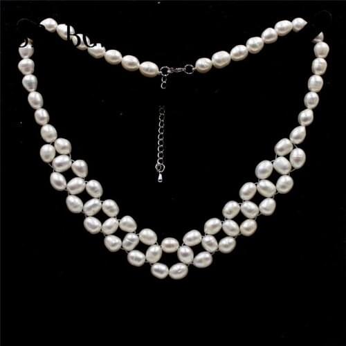 Free Shipping 7-8mm Rice White Freshwater Pearl Beads Knitted Adjustable Women Jewelry Necklace 17"