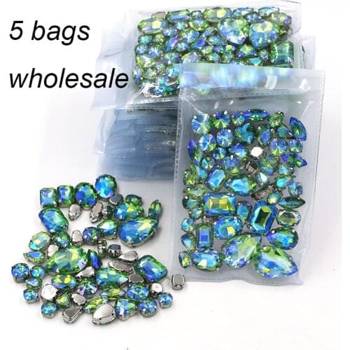 Free shipping Wholesale 5 bags mixed shape Green AB rhinestones glass crystal silver base sew on rhinestones diy clothing