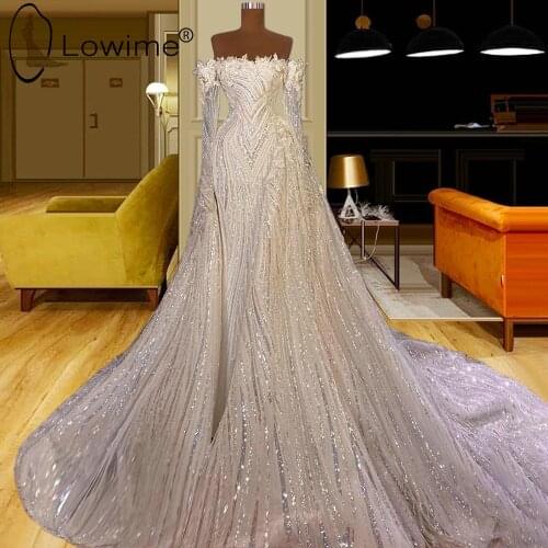 Sparkly Off Shoulder Long Sleeve Mermaid Wedding Dresses with Detachable Train 2021 Muslim Overskirts Bridal Gowns Custom Made