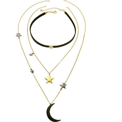 Bulk Price Multi Layer Chain Moon Star Necklace For Women Elegant Black Ribbon Choker Adjustable Necklace Fashion Accessories
