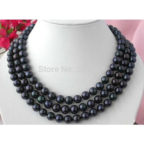 3ROW 11MM BLACK ROUND FW PEARL NECKLACE SILVER MABE