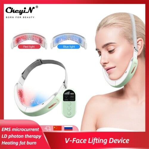 CkeyiN V Face Lifting Device Chin V-Line Up Lift Belt Red Blue LED Photon EMS Vibration Massager Reduce Double Chin Beauty Skin